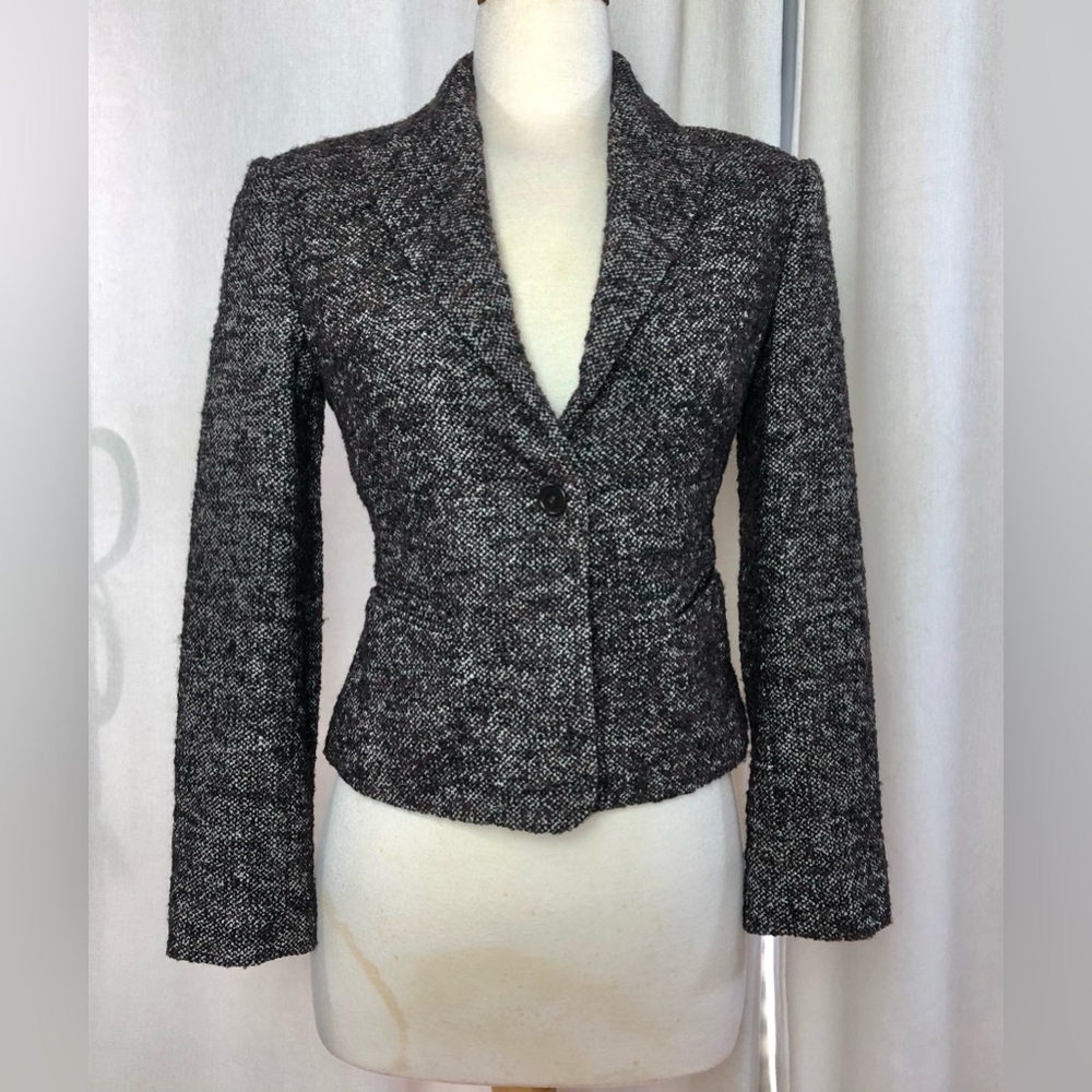 BCBGMAXAZRIA Tweed Blazer Jacket XS Brown Boucle Cropped Peplum Wool Blend Maril